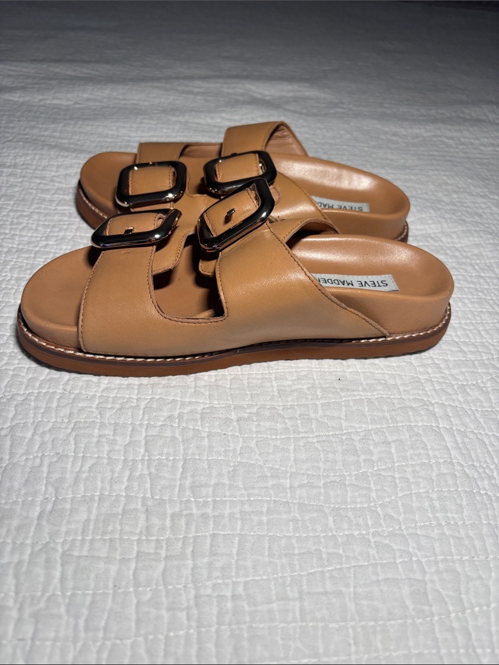 Steve Madden Cognac Double-Buckle Slide Sandals - Picture 7 of 9